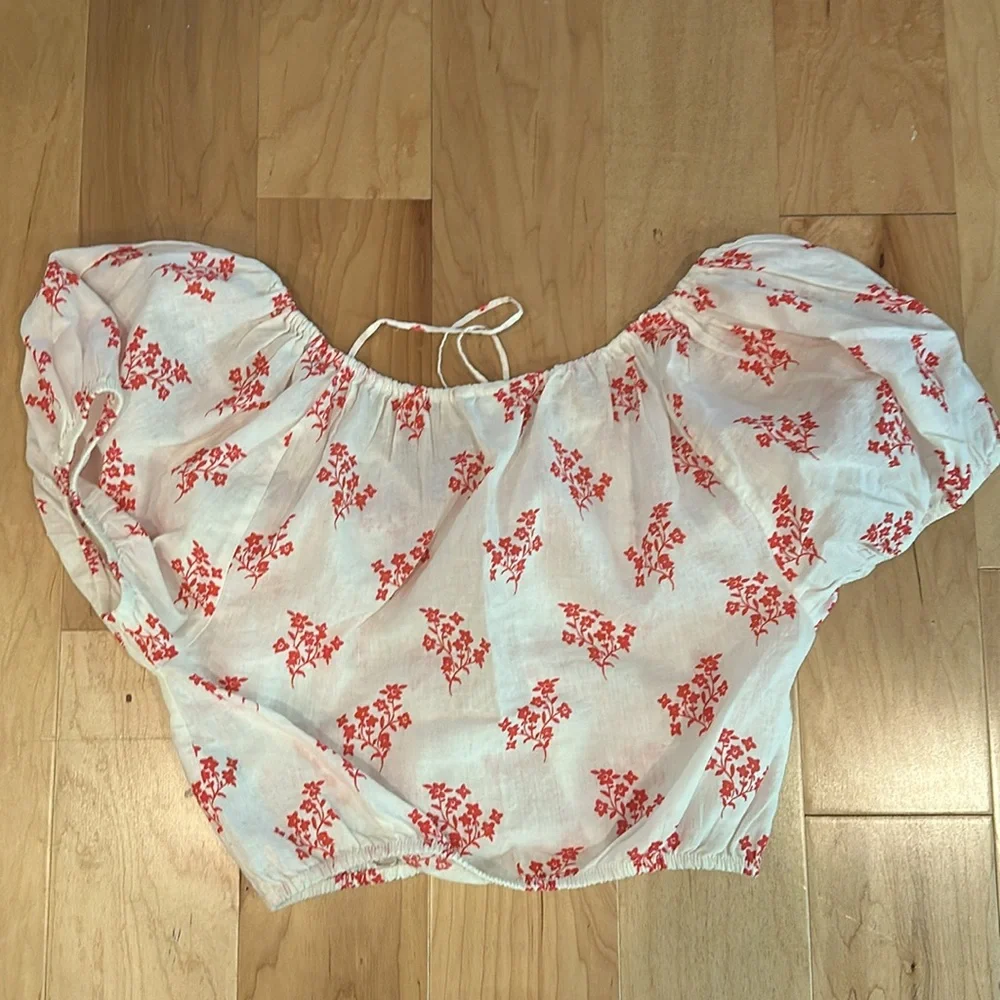 H&M Cropped Floral Peasant Top XS Linen Blend Cottagecore Soft Girl Red White - Picture 3 of 3